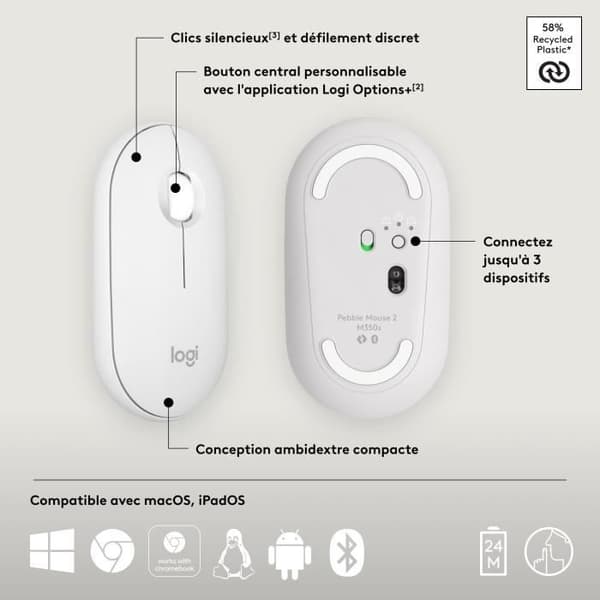 Mus - Trådlös - Logitech - Pebble Mouse 2 M350s - Vit