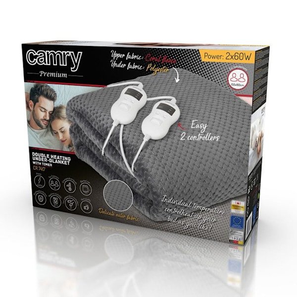 El-værme tæppe 150 x 160 cm, 8 effekttrin, timer, vaskbart Camry CR 7417 120W Grey 32489