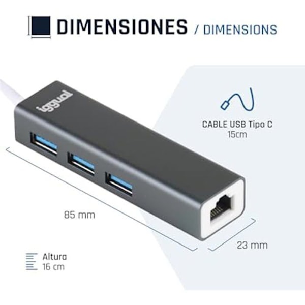 USB-hubb - IGGUAL - 3 USB 3.0-portar + 1 Gigabit RJ45-port - 5 Gbit/s - 1000 Mbps - 4 portar