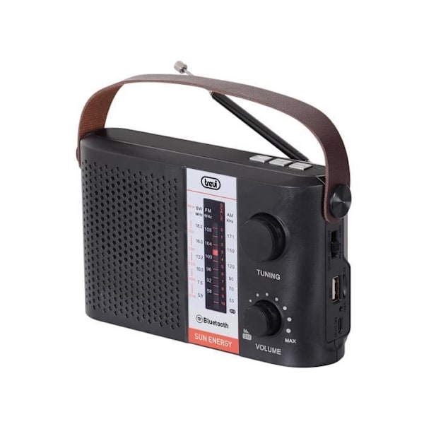 Trevi sort RA 7F25 BT multi-band solar bærbar radio - FM/AM/SW, MP3-afspiller, Bluetooth sort