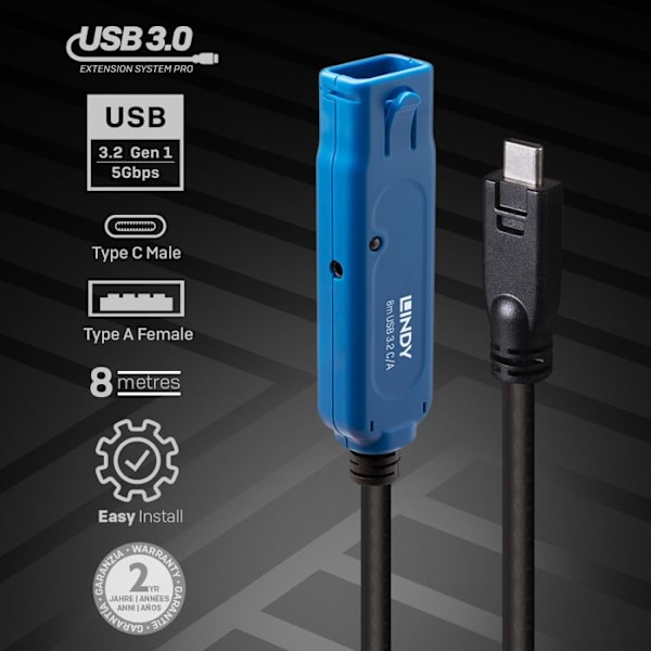 USB-kabel - LINDY - Aktiv USB 3.2 Gen1-förlängning - 8.00 m - USB-A hona - USB-C hane