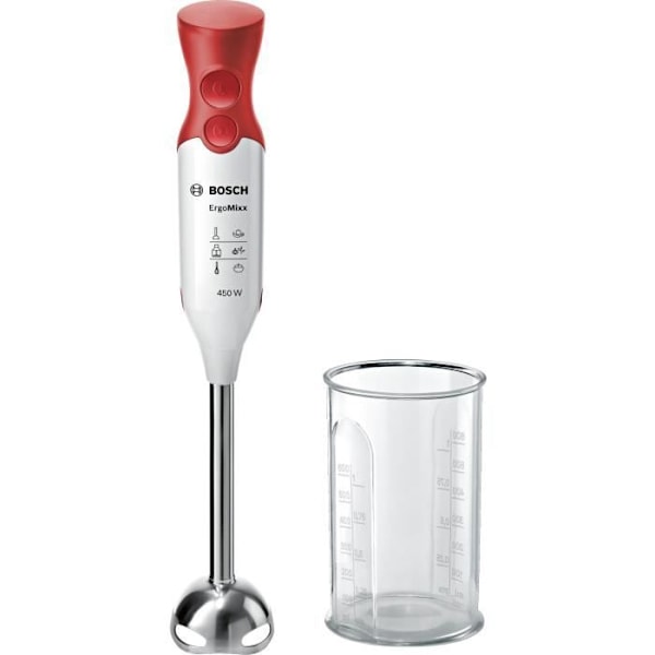 BOSCH ErgoMixx MSM64110 stavblender - 450W - Fod i rustfrit stål - 4 skarpe knive - 2 hastigheder - 600 ml gradueret skål - hvid/rød