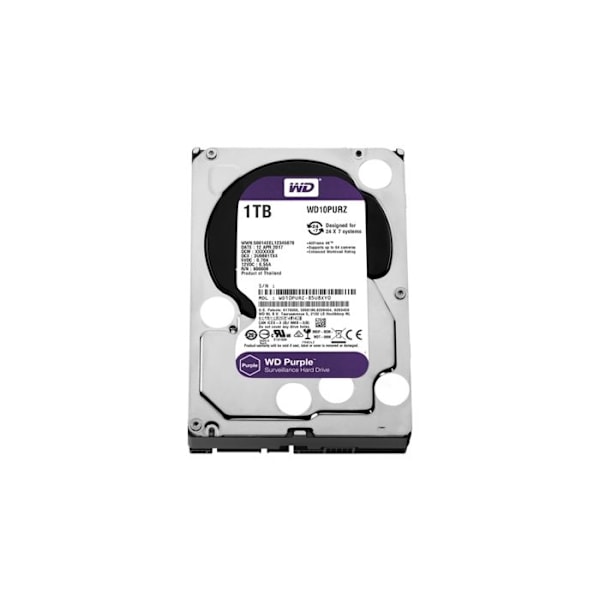 WD Purple Overvågnings Hard Drive WD10PURZ - 1 To - Intern - 3.5" - SATA 6Gb/s - 5400 omdr/min