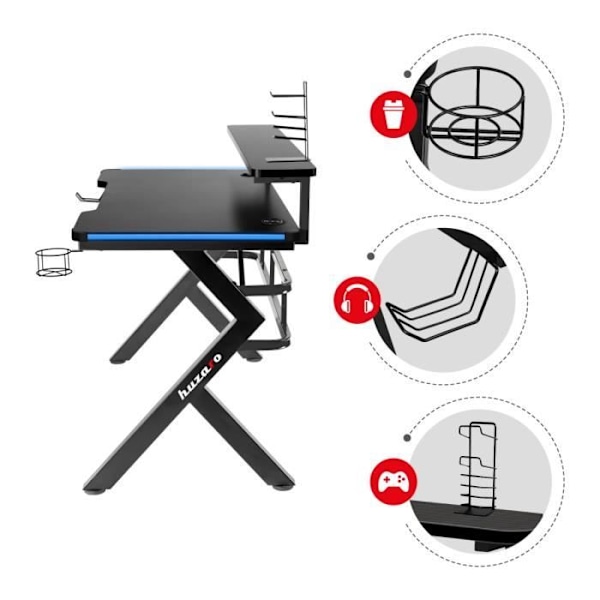 Pelipöytä HUZARO HERO 5.0 LED RVB - 120x60x69,5 cm, Juomakori, Kuuloketeline, PC-pöytä, Ergonominen, Pelitietokone sort