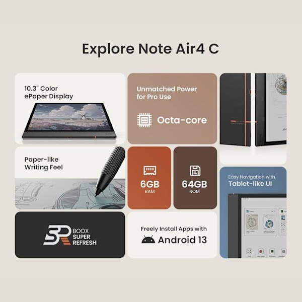 Läsplatta - BOOX - Note Air 4 C - 10,3 tum skärm - 6 GB RAM - Android 13