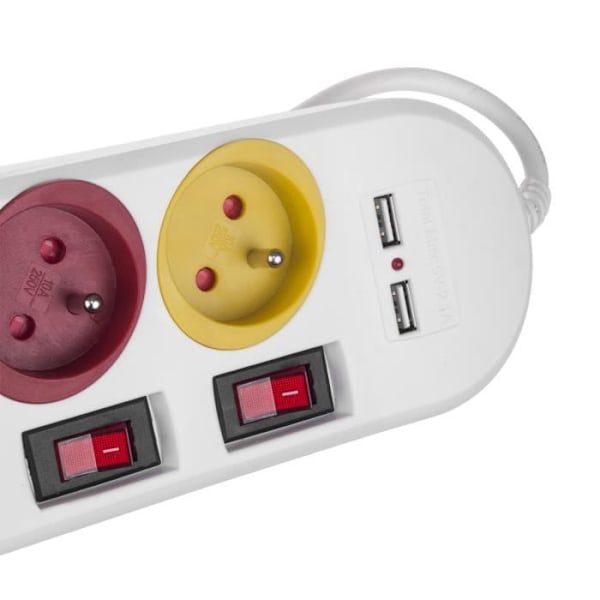 Maclean MCE229 W sähkötulo monipistorasia, 4 pistoketta + 2xUSB, kytkimillä, 250VAC-10A, 2,1A 5V, 1,5m, valkoinen