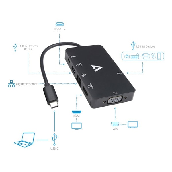 USB C-adapter - V7 - USB 3.0 kabel RJ45 HDMI VGA - Sort - Multi-stik - Netværksunderstøttelse Sort