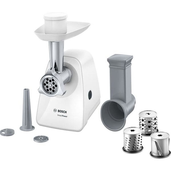 Kødhakker - BOSCH - MFW2514W SmartPower - Hvid - motor blokeret 1500 W - 1,7 kg/mn - 2 hakkeriste - rivjern/skiver. Vit