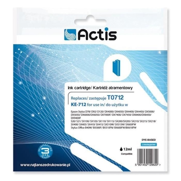 Cartouche d'encre ACTIS-KE - 712 T071240 til Epson Stylus SX218, SX415, SX515W, SX610FW - Sort/Cyan