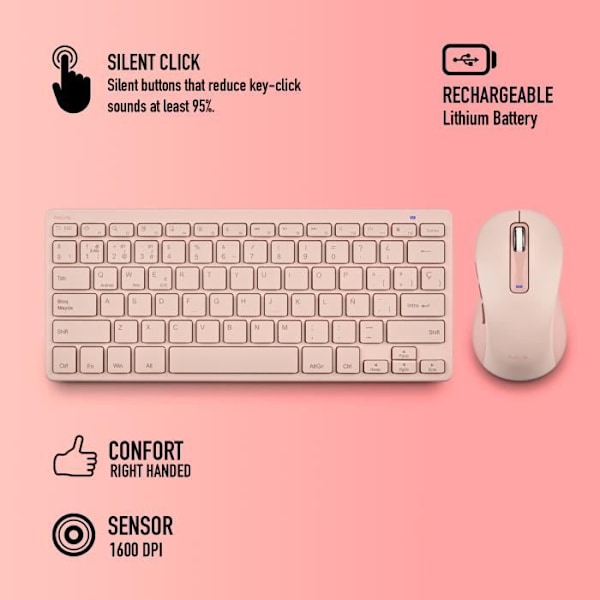 NGS FANTASY KIT PINK trådløst tastatur - 3 forbindelsestilstande - Lydløse taster - 12 multimedietaster