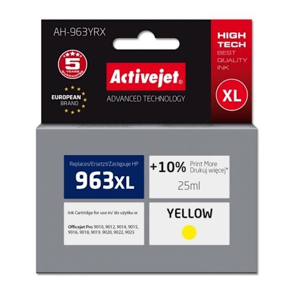 Activejet muste HP-tulostimille, Vaihto HP 963XL 3JA29AE Premium 1760 sivua keltainen - AH-963YRX
