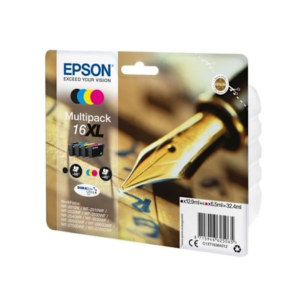 Epson 16XL Multipack Pakke med 4 XL sort, gul, cyan, magenta original blisterblækpatron til WorkForce WF-2010, 2510,...