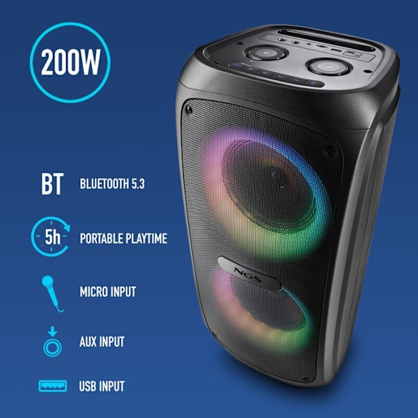 NGS WILD TEMPER : BÆRBAR FESTHØJTALER 200 W, LED-LYS, BLUETOOTH OG TWS COMPATIBLE, USB/AUX INDTIL, 5 TIMERS BATTERI. Svart