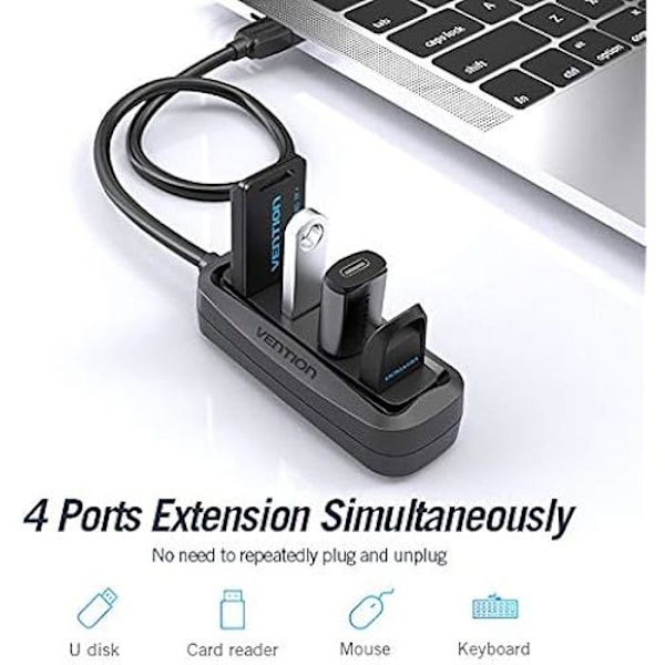 USB 2.0 HUB - VENTION - 4 porttia - Musta - 0,5 m - USB-avain yhteensopiva