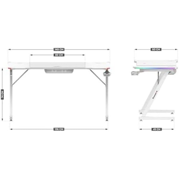Bureau gaming HUZARO Hero 3.3 Vit RGB - LED-belysning, Bordskiva 140 cm, Kopphållare, Hörlurshållare, XXL-matta ingår Vit