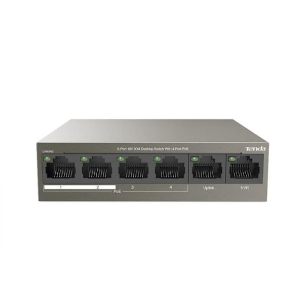 TENDA 6-Port 10/100M Desktop Switch, 4 PoE-porte, 2 Uplink-porte, 250m transmission, QoS Design, TEF1106P-4-63W