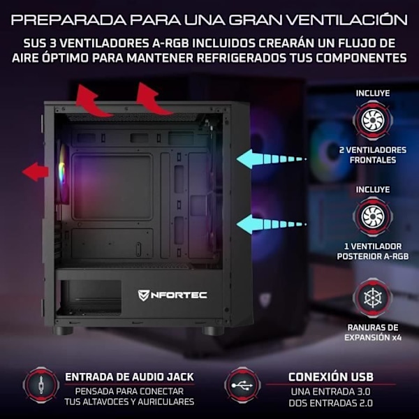 Gaming PC kabinet - NFORTEC - DYS - Mini Tower MATX - 3 ARGB 120mm blæsere - Sort