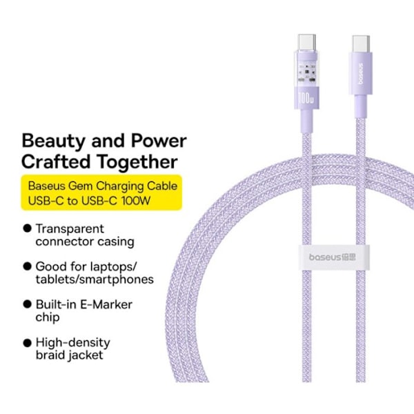 USB-C - USB-C - Kaapeli, Supernopea Lataus 100W, 2m - Baseus Gem (P1037373000511-01) - Nebula Purple