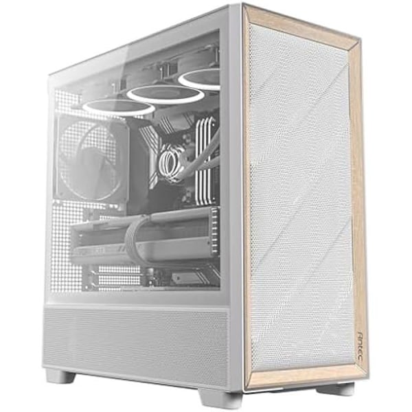 Antec Flux Wood Hvid, 5 inkluderede PWM-blæsere, frontpanel med høj luftstrøm i birketræ, type C, radiator på 420. Hvid