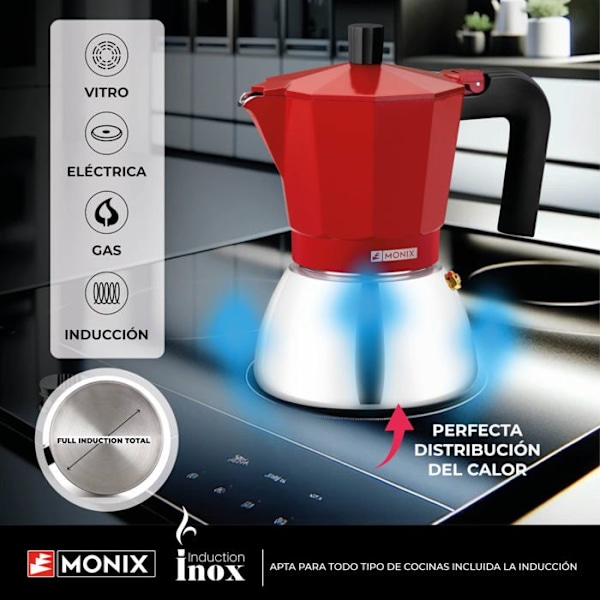 MONIX induktion rustfrit stål | Italiensk kaffemaskine i aluminium og rustfrit stål, 3 kopper, varmebestandigt håndtag, let at Röd