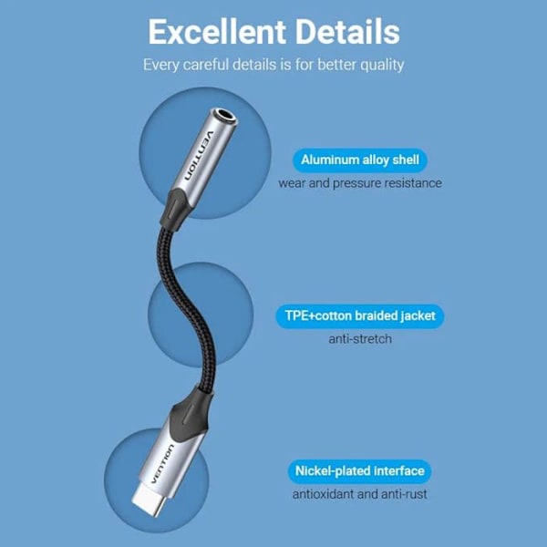 Type-C kuulokkeiden sovitin 3,5 mm:stä 3,5 mm:iin DAC:lla - Vention (BGJHA) - Harmaa