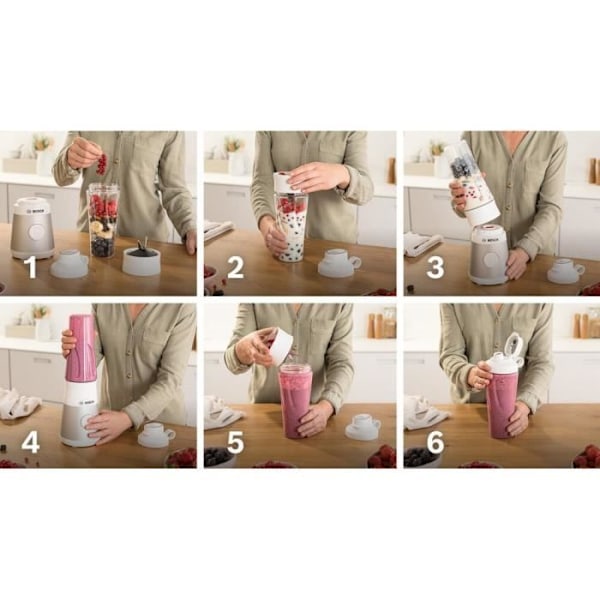 Mini Blender BOSCH VitaPower Serie 2 MMB2111T - 0,8 L mixerskål - 4 vassa rostfria blad - Hög blandningshastighet - Silver vitt och grått