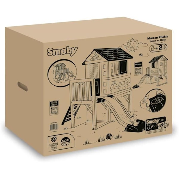 Smoby Life - Højhus med rutsjebane - Ny farve - Platform 70cm - Anti-UV - Fremstillet i Frankrig Bige, grå och grön