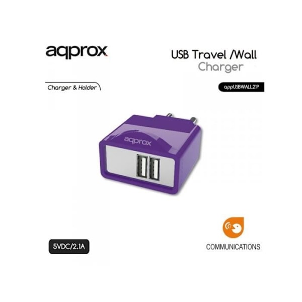 DUBBEL USB STRØMADAPTOR 2,1A VIOLET APPROX Lilla