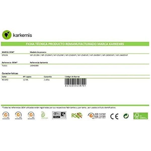 Karkemis Epson Ink-Jet T1631 blækpatron (16 x l) Sort 13 ML REM