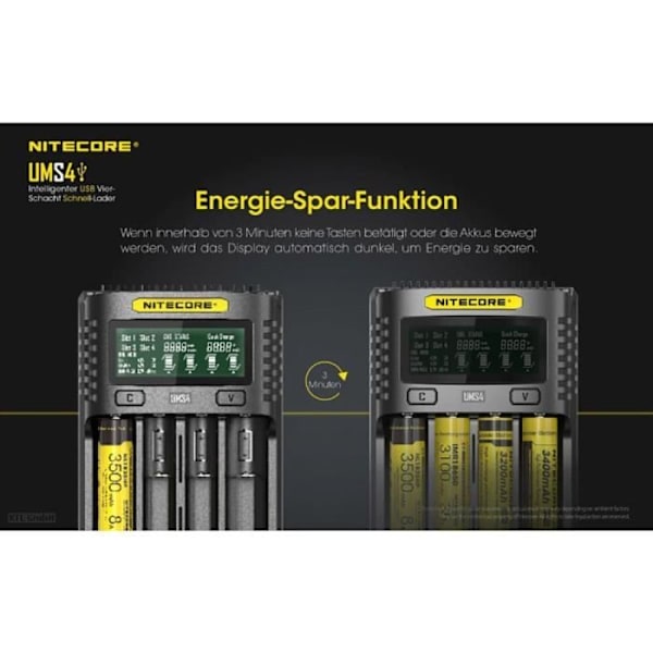 NiteCore UMS4 NiCd, NiMH, Li-ion, Li-polymere 10440, 10500, 12500, 12650, 13500, 13650, 14500, 14650, 16340, 16650, 1733