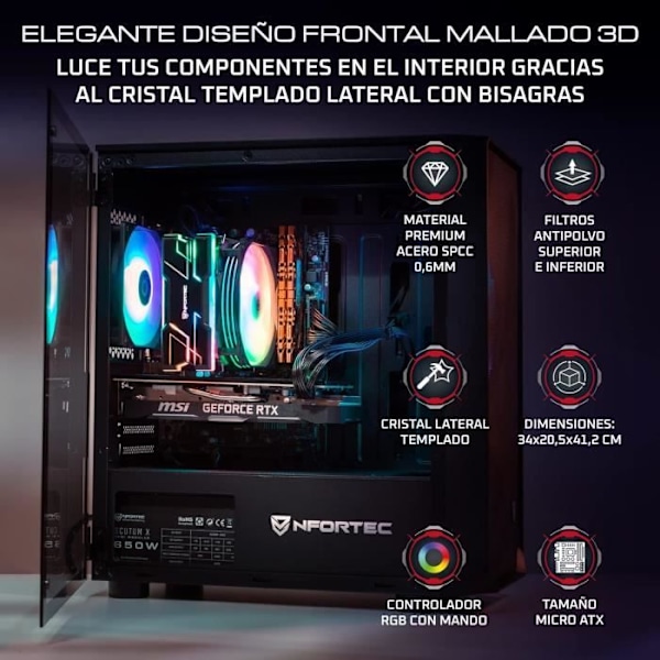 Gaming PC kabinet - NFORTEC - DYS - Mini Tower MATX - 3 ARGB 120mm blæsere - Sort