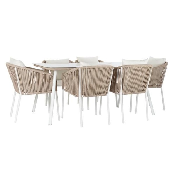 beige bord + stolesæt glas polyester aluminium reb (160 x 90 x 75 cm) (7 stk)