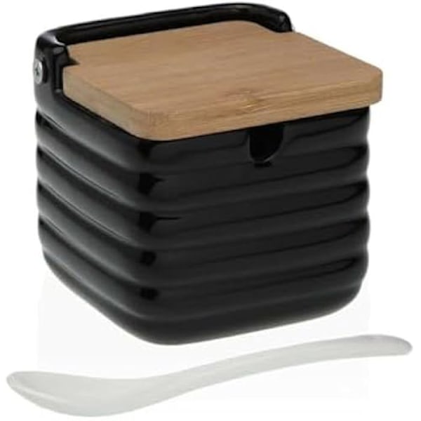 Sukkerskål - VERSA - Sort - Keramik - Bambus - Dolomit - 9,8 x 9,8 x 9,8 cm Flerfärgad