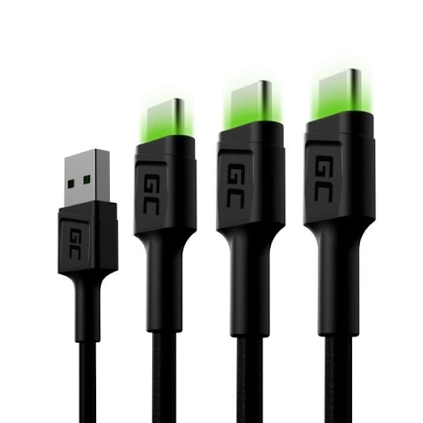 Sæt 3x USB-kabel Green Cell GC Ray - USB-C 120cm, grøn LED, hurtig opladning Ultra Charge, QC 3.0