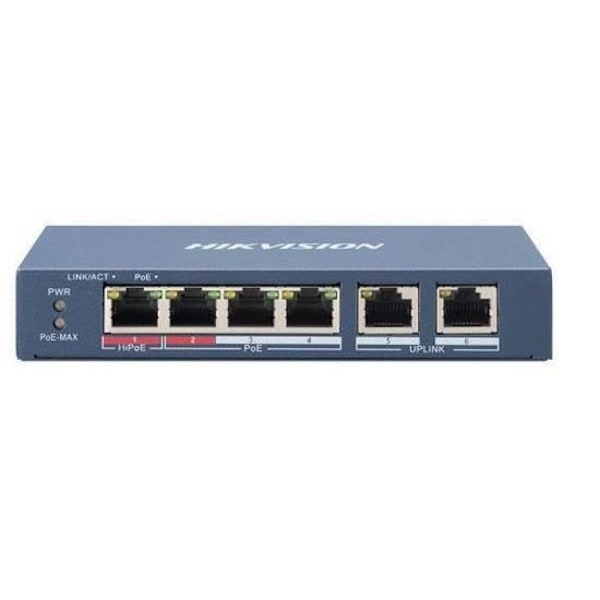 Switch PoE - HIKVISION - DS-3E0106HP-E - 4 porte 100M - 2 uplinks - Budget Blå
