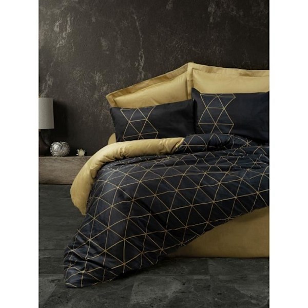 Sengetøjssæt - 1 dynebetræk 220 x 240 cm + 2 pudebetræk 60 x 60 cm - 100% forstærket bomuld - Sort guld och svart
