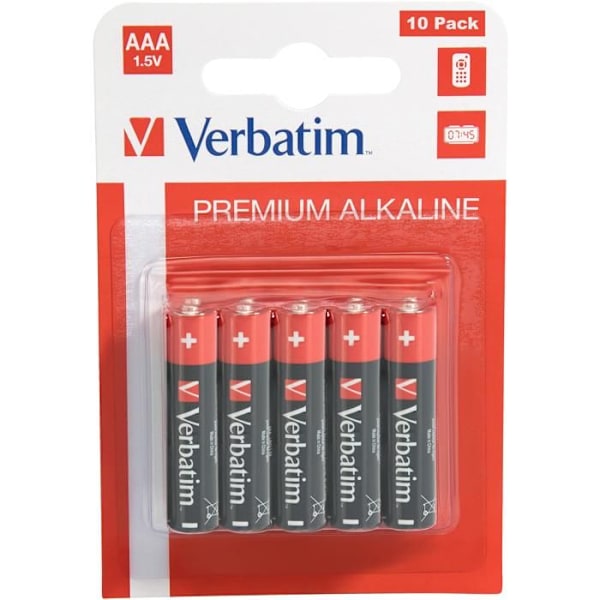 Verbatim AAA alkaliske batterier, alkaliske, cylindriske, 1,5 V, 10 stk., AAA, sorte, røde