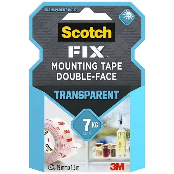 Dobbeltklæbende tape - SCOTCH - Transparent - 19mm x 1,5m - Multifunktionel - Temperaturresistent Transparent