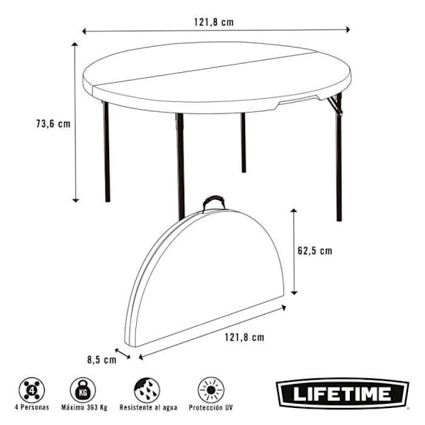 Foldebord - LEVETID - 122x122x73,5 cm - Ultra modstandsdygtigt - Sammenklappeligt - Udendørs