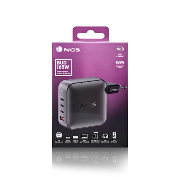 NGS BUD 165W : Universell väggladdare 165W med 4 portar: 3 USB-C + 1 USB-A. Snabb och säker laddning. Samtidig laddning.