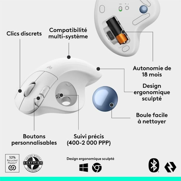 Ergonominen hiiri - langaton - Logitech - ERGO M575S - Valkoinen