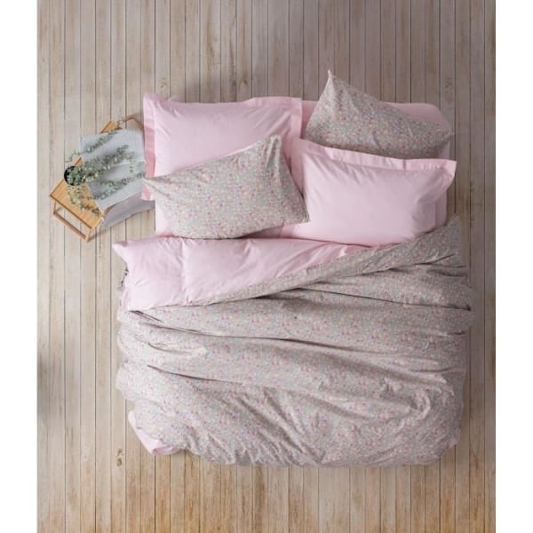 Sengetøjsæt - 1 dynecover 220 x 240 cm + 2 pudebetræk 60 x 60 cm - 100% forstærket bomuld - Rosa rosa och grå