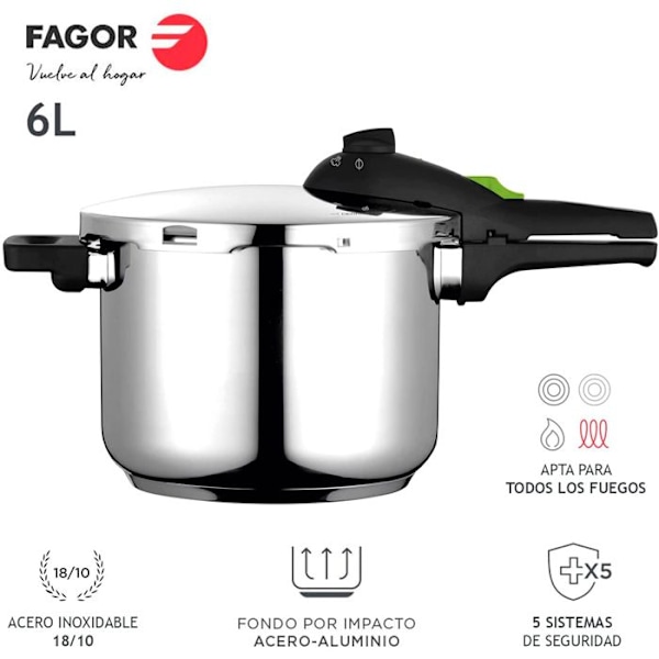 Autokokare 6 Liter, Induktion, Rostfritt Stål 18/10, 2 Trycknivåer FAGOR Rapid Xpress 6 Silver 800062