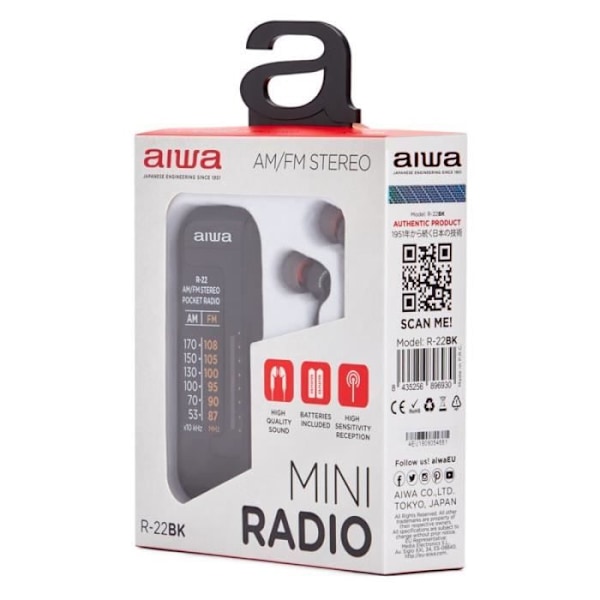 Aiwa R22BK Sort AM/FM Mini Transistor Radio Svart