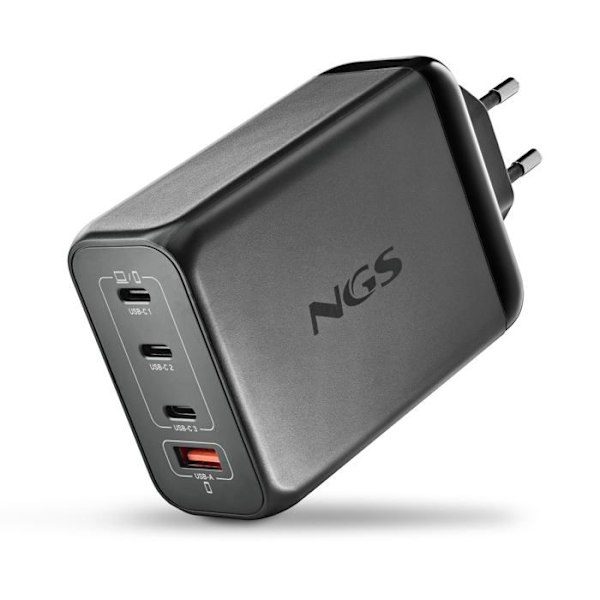 NGS BUD 240W: Universell väggadapter 240W med 4 portar: 3 USB-C + 1 USB-A. Snabb och säker laddning. Samtidig laddning. Svart.