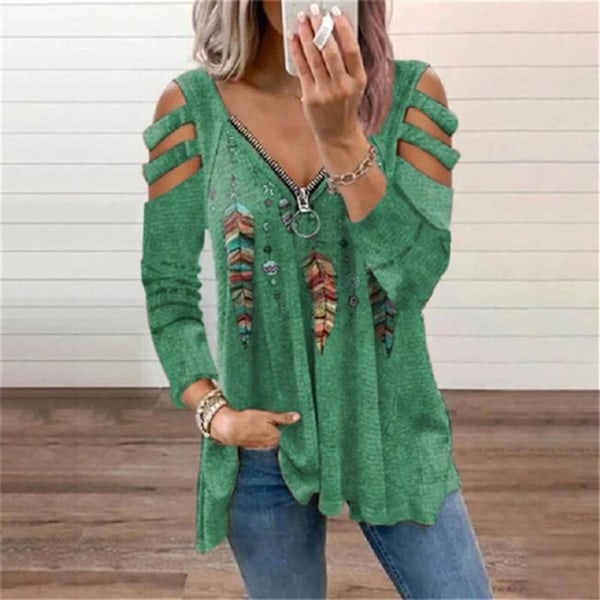 Axelbandslös blommig blus - Märke - Modell - V-ringad - Lös fåll - Retro tunika - Grön leopard Grön XXXL