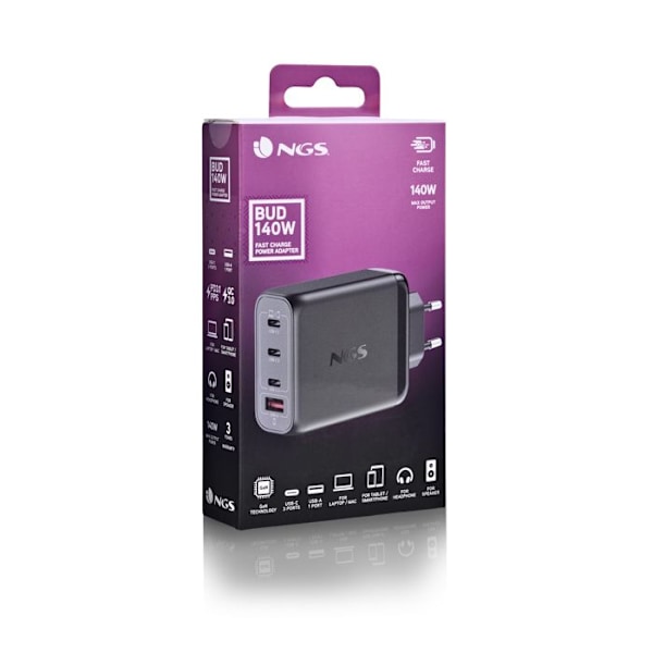 NGS BUD 140W: Universell väggladdare 140W med 4 portar: 3 USB-C + 1 USB-A. Snabb och säker laddning. Samtidig laddning.
