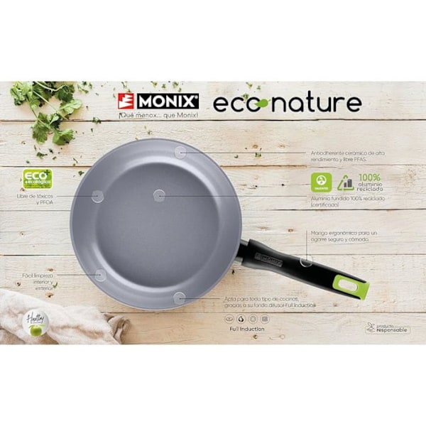 MONIX Eco Nature | Pande i Genanvendt Forgjort Aluminium, Forstærket Non-stick Keramik, Velegnet til Alle Kogeplader, Herunder Induktion, 20 cm