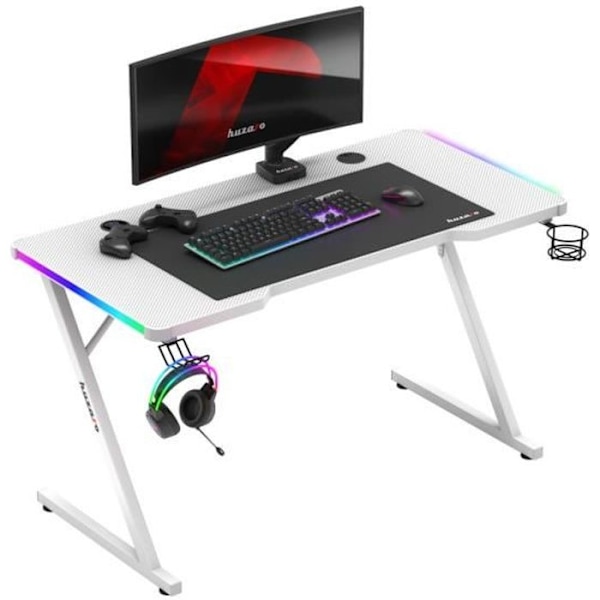 Bureau gaming HUZARO HERO 2.5 LED RGB Vit, 120x60x75cm Dryckeshållare, Hörlurskrok, PC-bord, Databehandling, Speldator Vit