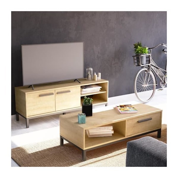 Bord med 1 skuffe / 1 niche - CRAFT - rektangulær - Hamilton eg / sort - 110,4 x 50 x 36,9 cm - DEMEYRE Hamilton ek och strukturerad svart